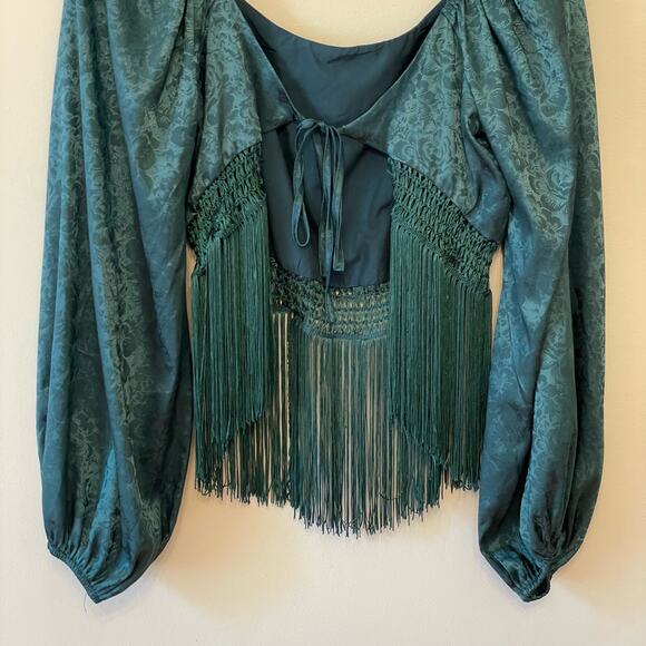 Buckle L green bell sleeve blouse Victorian fringe crop top metallic floral boho - Picture 7 of 7